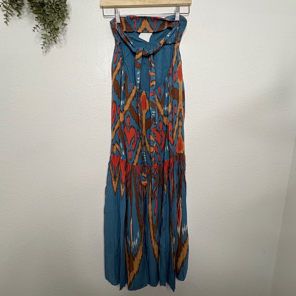 Free People Strapless Ikat Maxi Dress Blue Rust Boho Smocked Tiered XS - Picture 6 of 9